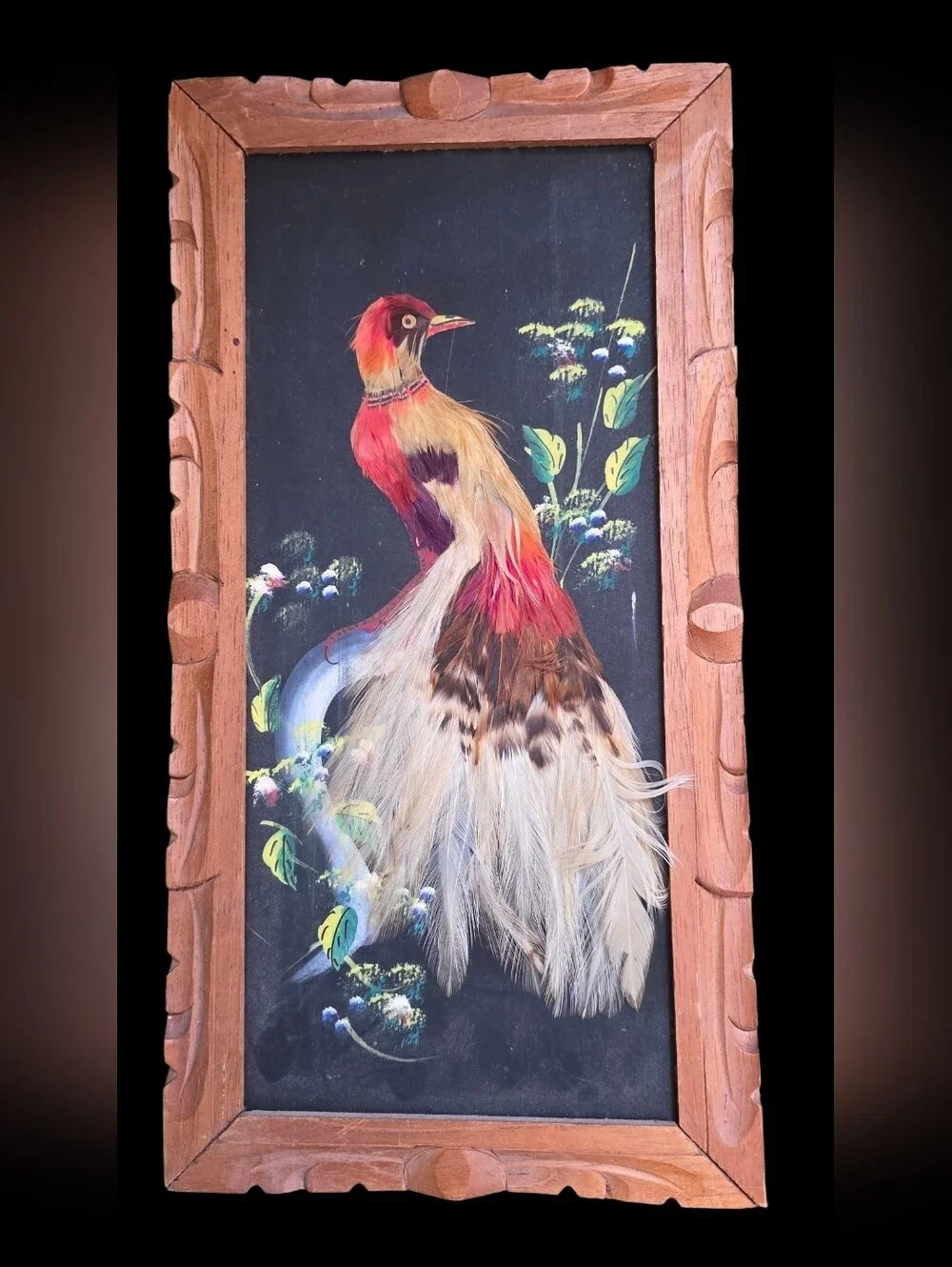 VTG Mexican Feather Craft Bird Art Pictured Hand Carved Wood Frames 6.5